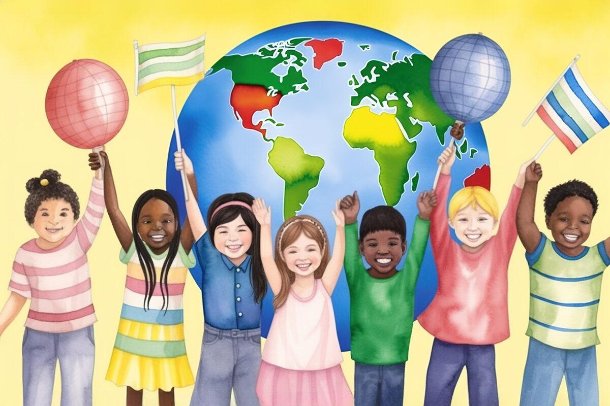A group of children holding flags and a globe.